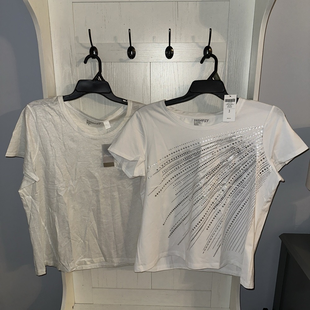 Chicos Zenergy Trina Stella Foil Tee Short Sleeve Top Optic White/Silver Sz 3